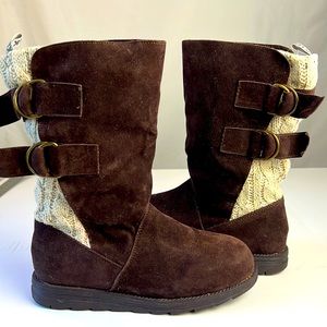Muk Luks Winter Boots Brown Suede & Cream Knit size 7